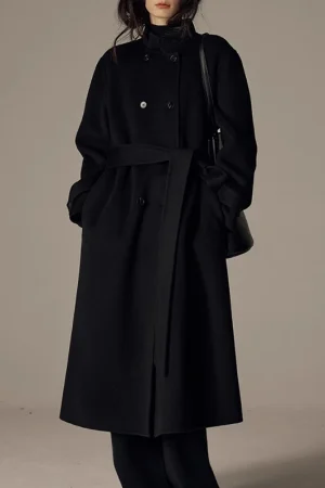 Winter Luxury Long Woolen Coats Double Faced Belted 100% Wool Coat for Women