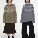 Jacquard Sweater O Neck Long Sleeve Wool Knitwear Women