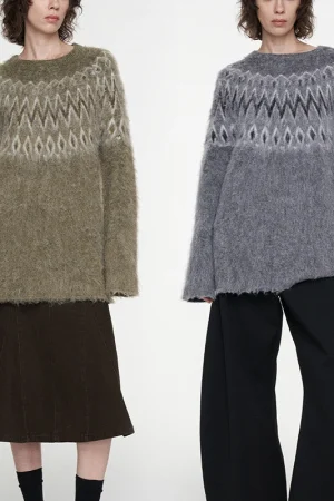 Jacquard Sweater O Neck Long Sleeve Wool Knitwear Women