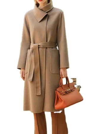 Winter Hot Middle-length Girls Cashmere Coat Warm Thickened Double-length Collar Straight Version With Thin Belt Work Commuting