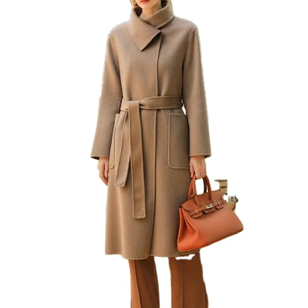 Winter Hot Middle-length Girls Cashmere Coat Warm Thickened Double-length Collar Straight Version With Thin Belt Work Commuting