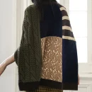 High Collar Pullover Coat Diamond Twists Jacquard Oversized Knitted Shawl Sweater Women
