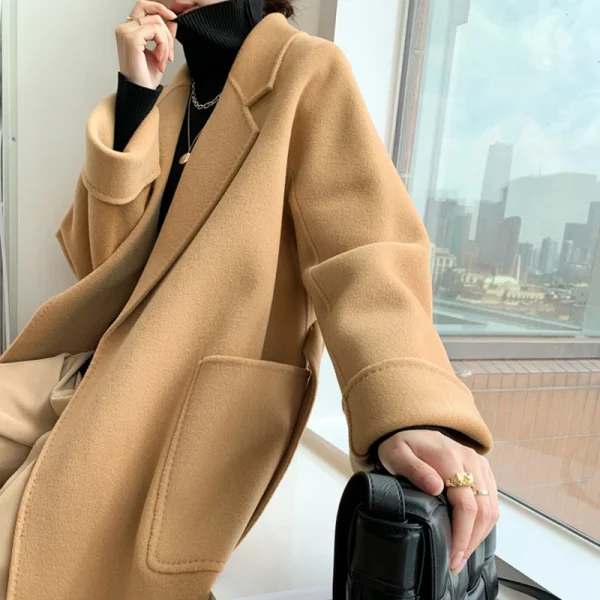 The Real High-end Autumn and Winter Double-sided Wool Cashmere Soft Coat Solid Color Jacket Sticker Bag - Image 3