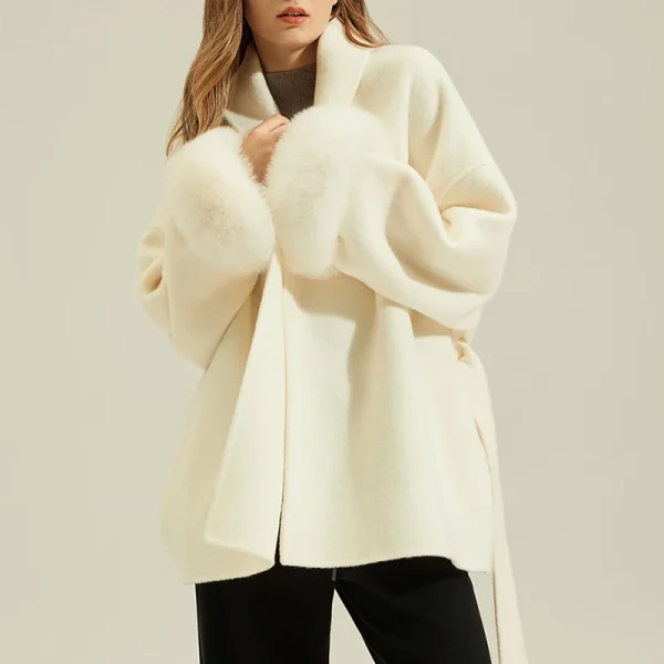Winter Luxury Cropped Alpaca Coat Double Faced Wool Coats Women With Real Fox Fur Cuffs - Image 2