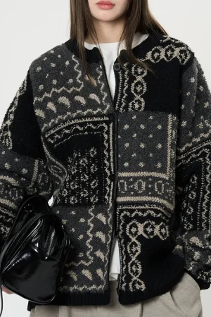 Thick Warm Jacquard Wool Jacket Vintage Knitted Cardigan Coat for Women