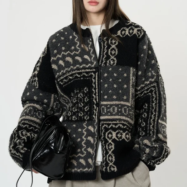 Thick Warm Jacquard Wool Jacket Vintage Knitted Cardigan Coat for Women