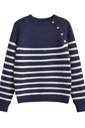 High Quality 100% Wool Pullover Sweater Long Sleeve Striped Knitted Sweater Women With Side Buttons