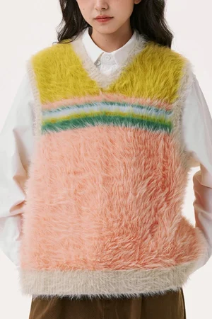 Dopamine Style Rainbow V Neck Fur Waistcoat Crop Polyester Knitted Sweater Vests for Women