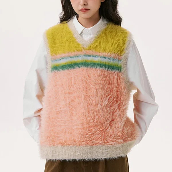 Dopamine Style Rainbow V Neck Fur Waistcoat Crop Polyester Knitted Sweater Vests for Women