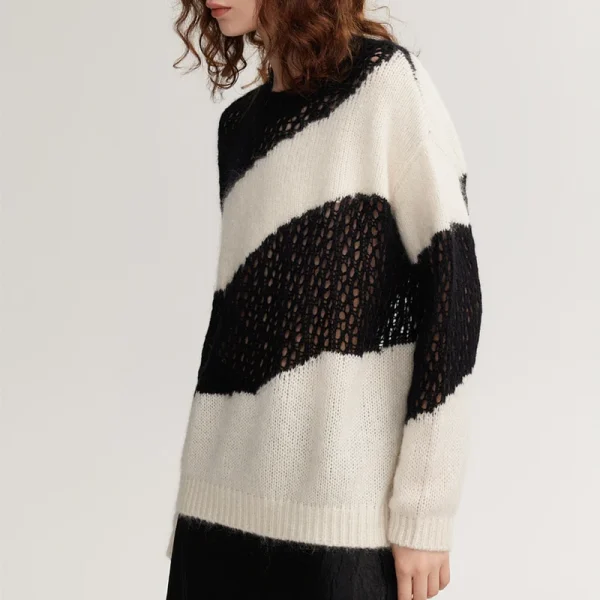 Black White Knitwear O Neck Hollow Out Knitted Mohair Sweater Women - Image 3