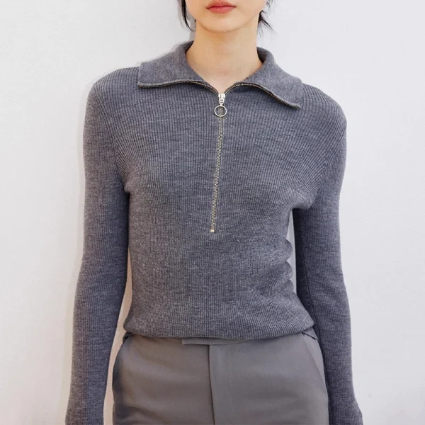 Half Zipper Knitwear Long Sleeve Hand Knitted Merino Wool Sweater for Women - Image 3