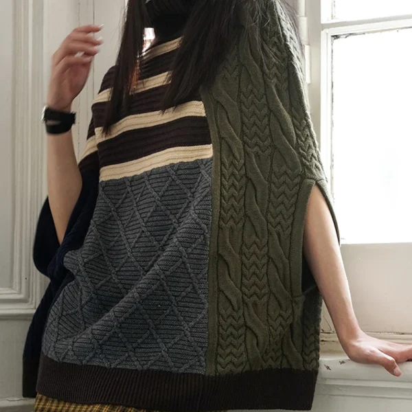 High Collar Pullover Coat Diamond Twists Jacquard Oversized Knitted Shawl Sweater Women - Image 4