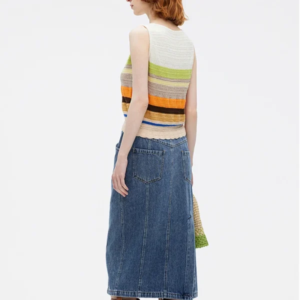 2025 Multicolor Stripe Sleeveless Cardigan Handmade Waistcoat Crop Knitted Vest for Women - Image 4