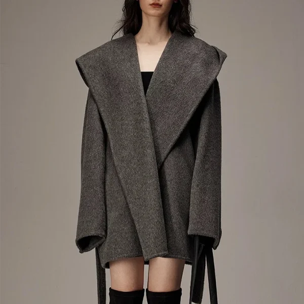 Winter Luxury Handmade Camel Hair Coat Double Faced Cropped Wool Coats Women with Hood - Image 4