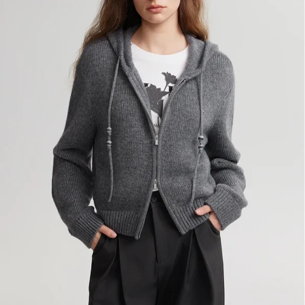 Autumn Fashion Zipper Wool Sweater Coat Knitted Wool Cardigans Women With Hooded - Image 4