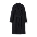 Luxury Belted Black Woolen Coat Double Breasted Long Real Wool Coats for Women