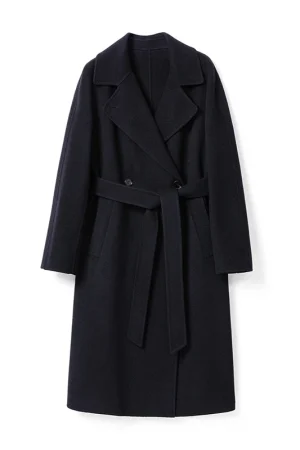 Luxury Belted Black Woolen Coat Double Breasted Long Real Wool Coats for Women