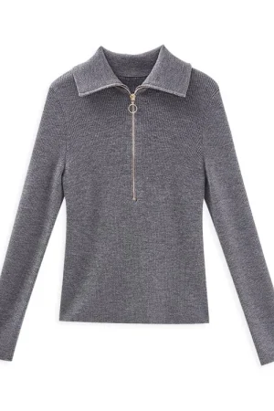 Half Zipper Knitwear Long Sleeve Hand Knitted Merino Wool Sweater for Women