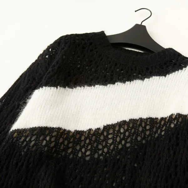 Black White Knitwear O Neck Hollow Out Knitted Mohair Sweater Women - Image 4