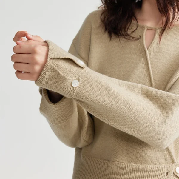 Autumn Khaki Sweater Pullover Split Wool Knitwear Women With Button - Image 5