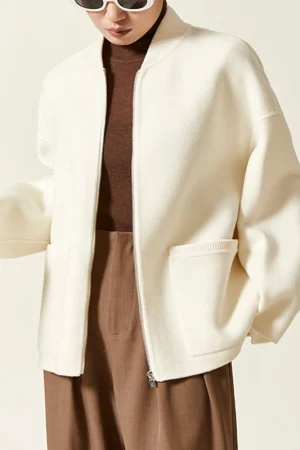 Winter Baseball Woolen Coat Women Short Double Faced 100% Wool Coat With Zipper