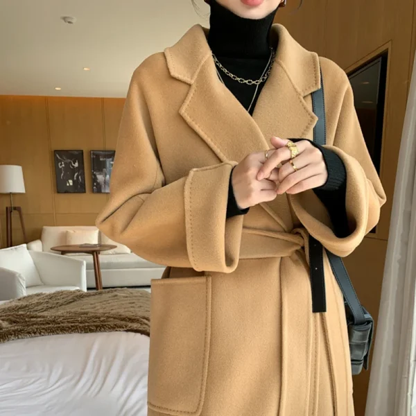 The Real High-end Autumn and Winter Double-sided Wool Cashmere Soft Coat Solid Color Jacket Sticker Bag - Image 2
