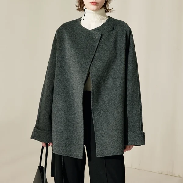 Winter O Neck Woolen Coat Mid Length Double Faced 100% Wool Coats for Women With Belt - Image 4