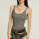 Women's O-Neck Tank Top Grey Cotton Knitted Vest Casual Short Outer Wear