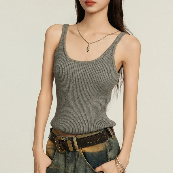 Women's O-Neck Tank Top Grey Cotton Knitted Vest Casual Short Outer Wear
