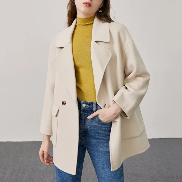 New Design Turn Down Collar Cashmere Coat Double Faced Mid Length Winter 100% Wool Coats for Women - Image 4