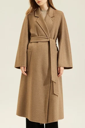 High End Elegant Belted Double Faced Cashmere Coats Winter Long Genuine 100% Goat Cashmere Coat for Women