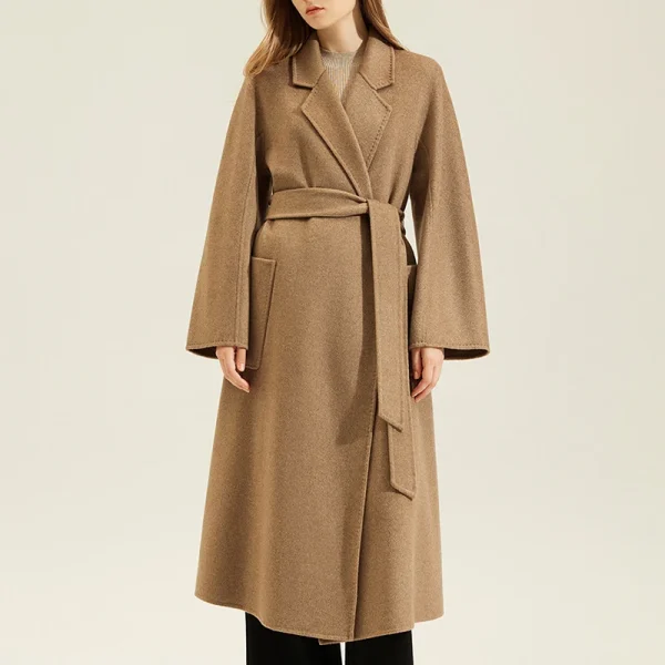 High End Elegant Belted Double Faced Cashmere Coats Winter Long Genuine 100% Goat Cashmere Coat for Women