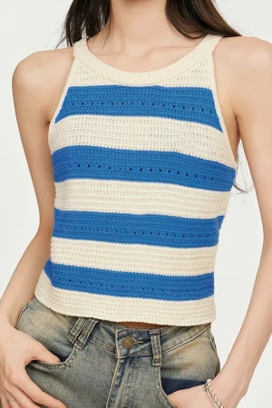 Summer Stripe Cami Tank Tops Hollow Out Knitted Cotton Vest Women