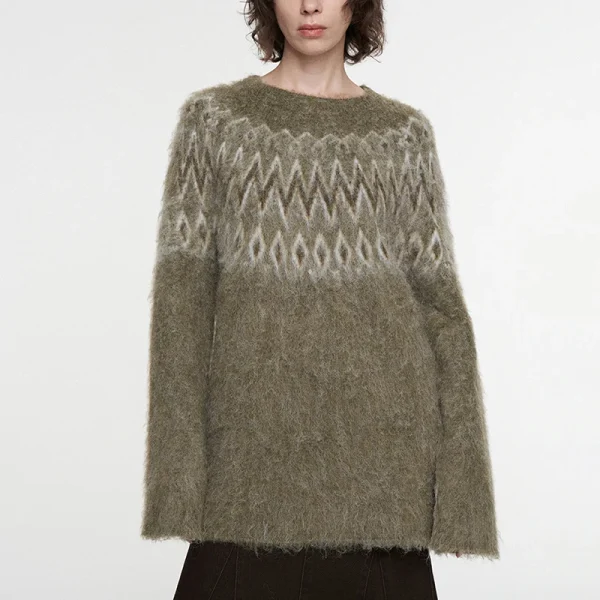 Jacquard Sweater O Neck Long Sleeve Wool Knitwear Women - Image 2