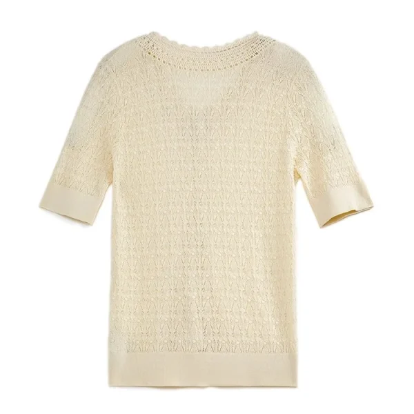 Hollow Out Single Breasted Knitwear Summer V Neck Short Sleeve 100% Cotton Knitted Cardigans for Women - Image 2