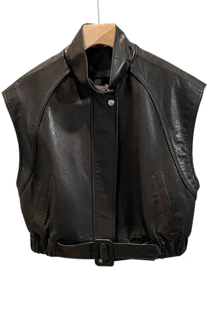 Sleeveless Leather Waistcoat Cropped Real Sheepskin Leather Vest for Women