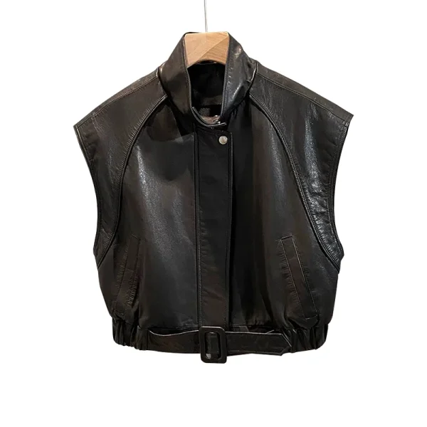 Sleeveless Leather Waistcoat Cropped Real Sheepskin Leather Vest for Women