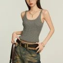 Women's O-Neck Tank Top Grey Cotton Knitted Vest Casual Short Outer Wear