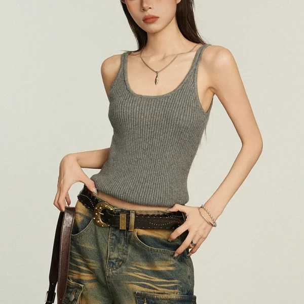 Women's O-Neck Tank Top Grey Cotton Knitted Vest Casual Short Outer Wear - Image 4