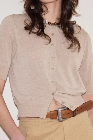 High Quality Single Breasted Knitted Cardigan Summer Wool Acetate Half Sleeve Knitwear for Women