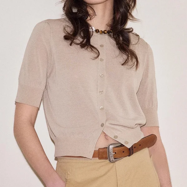 High Quality Single Breasted Knitted Cardigan Summer Wool Acetate Half Sleeve Knitwear for Women