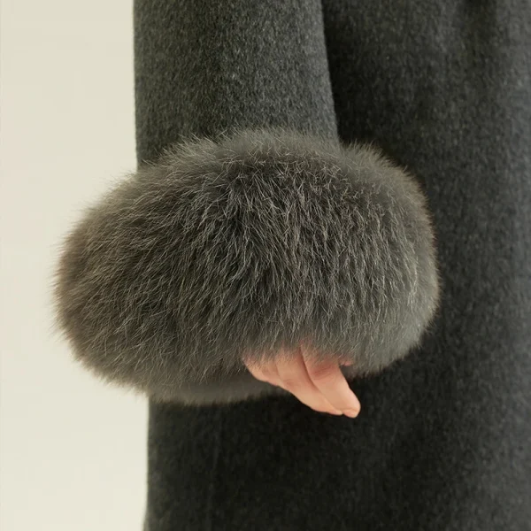 Winter Luxury Real Fox Fur Cuffs Wool Coat Double Faced Long Genuine Alpaca Coats for Women - Image 3