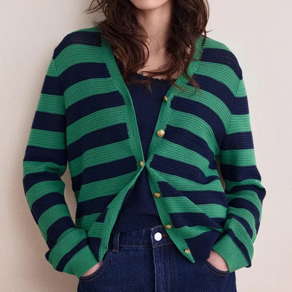 High Quality V Neck Knitwear Jacquard Striped Knitted 100% Wool Cardigans Sweater for Women - Image 5