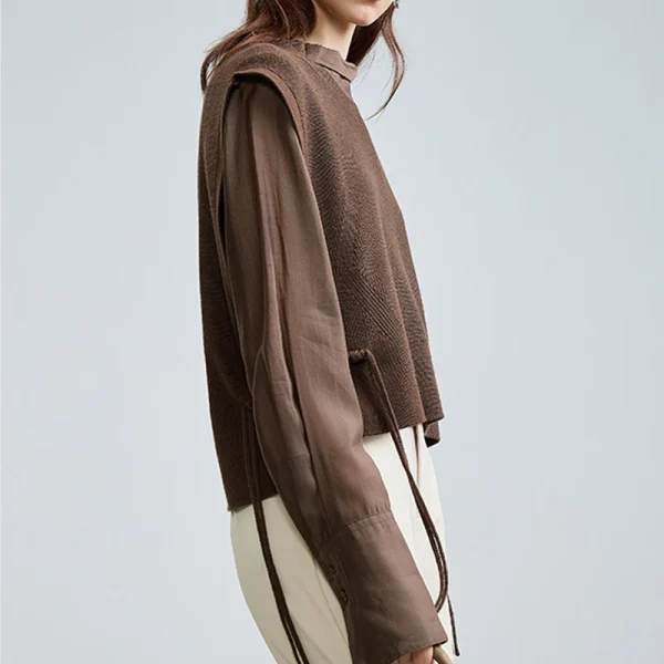 Cropped Knitwear Sleeveless Knitted Wool Vest Women With Rope - Image 4