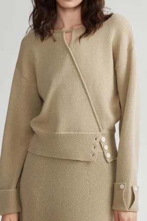 Autumn Khaki Sweater Pullover Split Wool Knitwear Women With Button
