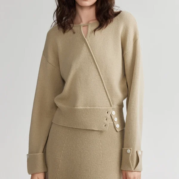 Autumn Khaki Sweater Pullover Split Wool Knitwear Women With Button