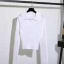 Korean Style Polo Collar Long Sleeve Crop Knitted Pullover Sweater for Women