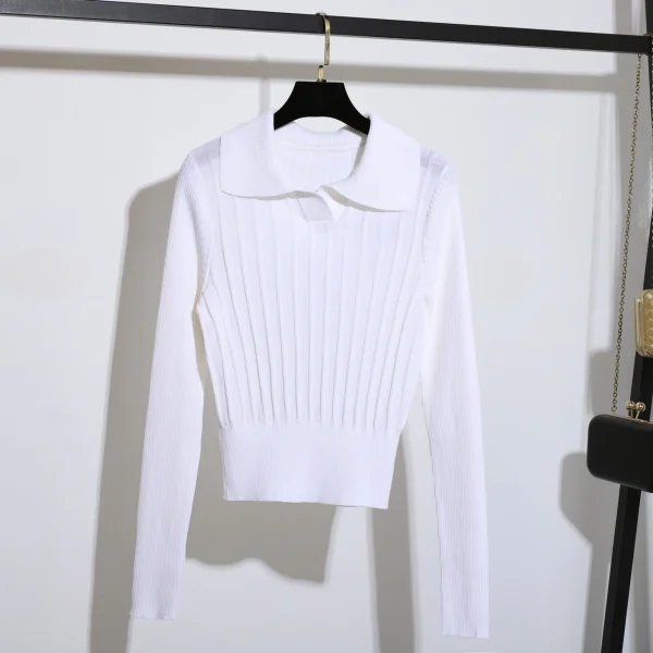 Korean Style Polo Collar Long Sleeve Crop Knitted Pullover Sweater for Women - Image 4