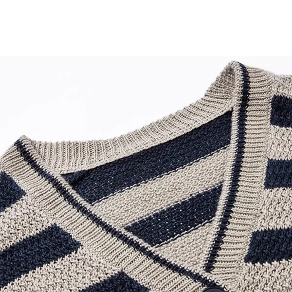 Fashion V Neck Knitwear Jacquard Striped Chunky Knitted 100% Linen Cardigan for Women - Image 3