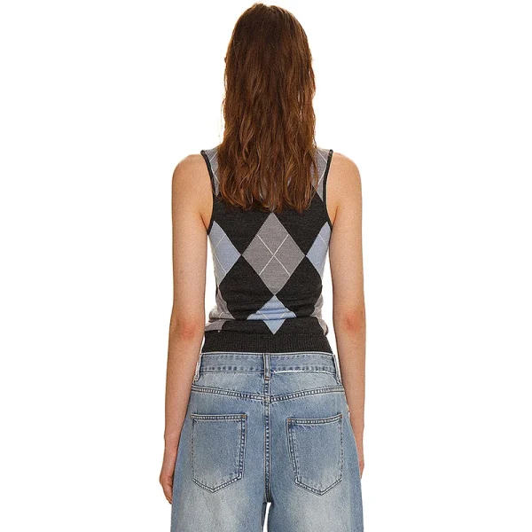 Jacquard Sweater Sleeveless Diamond Lattice Pattern Knitwear High Collar Crop Knitted Wool Vest Women - Image 3